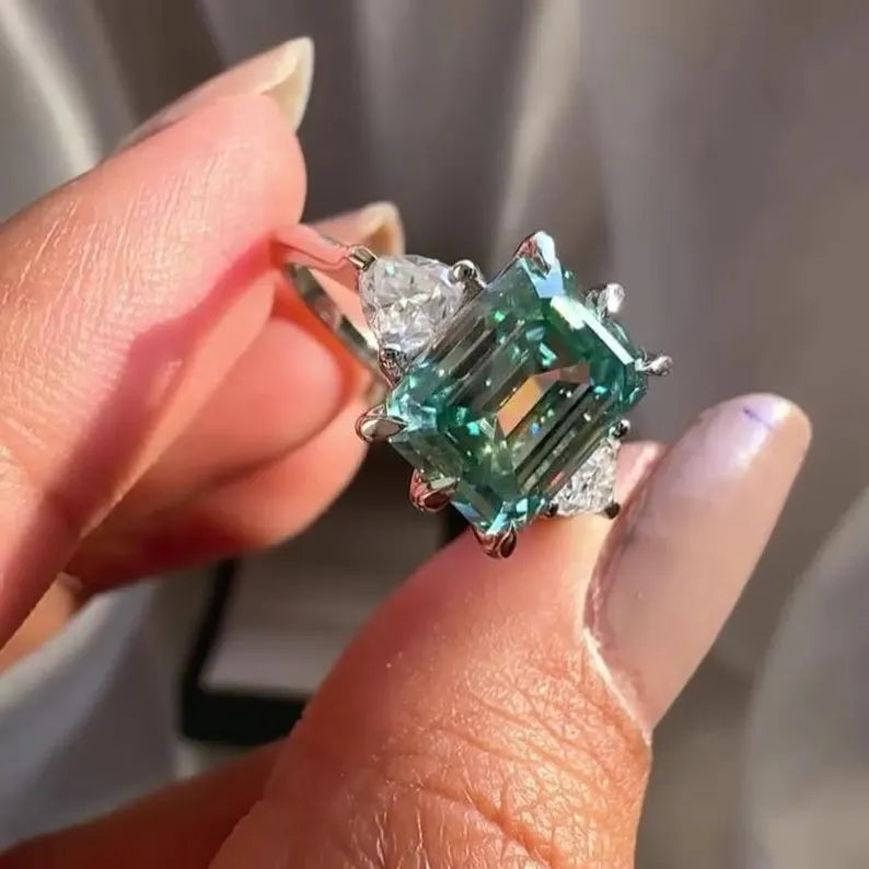 Fancy Blue Emerald 9.50ct + Trillion 2.50ctLab Grown Diamond Three Stone Engagement Ring | IGI Certified