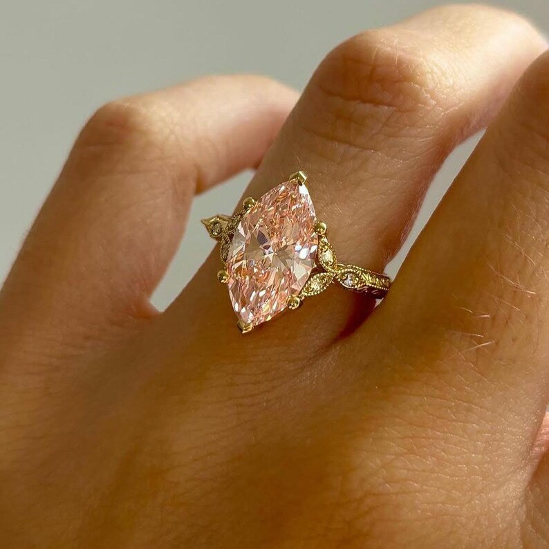 Fancy Pink Marquise 3.10tcw Lab Grown Diamond Vintage Engagement Ring | IGI Certified