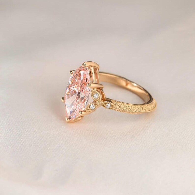 Fancy Pink Marquise 3.10tcw Lab Grown Diamond Vintage Engagement Ring | IGI Certified