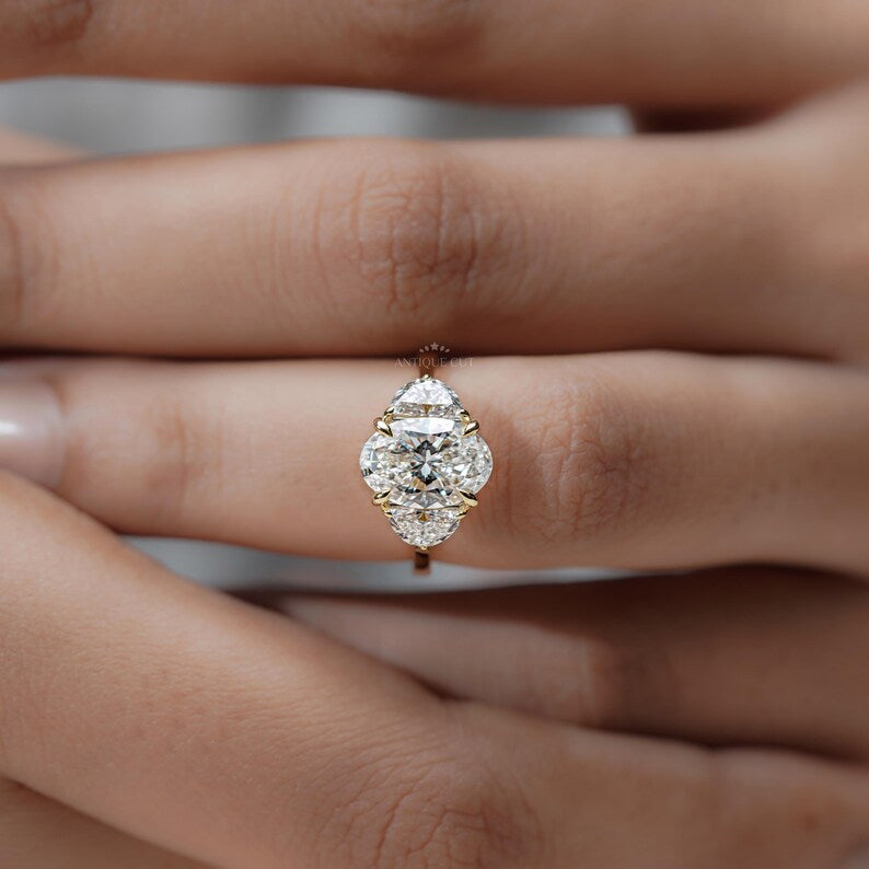 Oval Cut Diamond Engagement Ring | Three Stone Gold Ring | 2.70ct Center + 0.80ct Side Stones | Unique Anniversary Ring