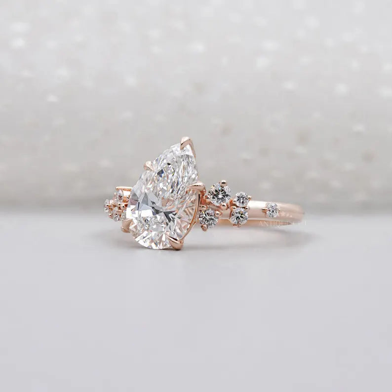 Pear Cut 2.30tcw Lab Diamond Engagement Ring | Rose Gold Cluster Side Stones IGI Certified