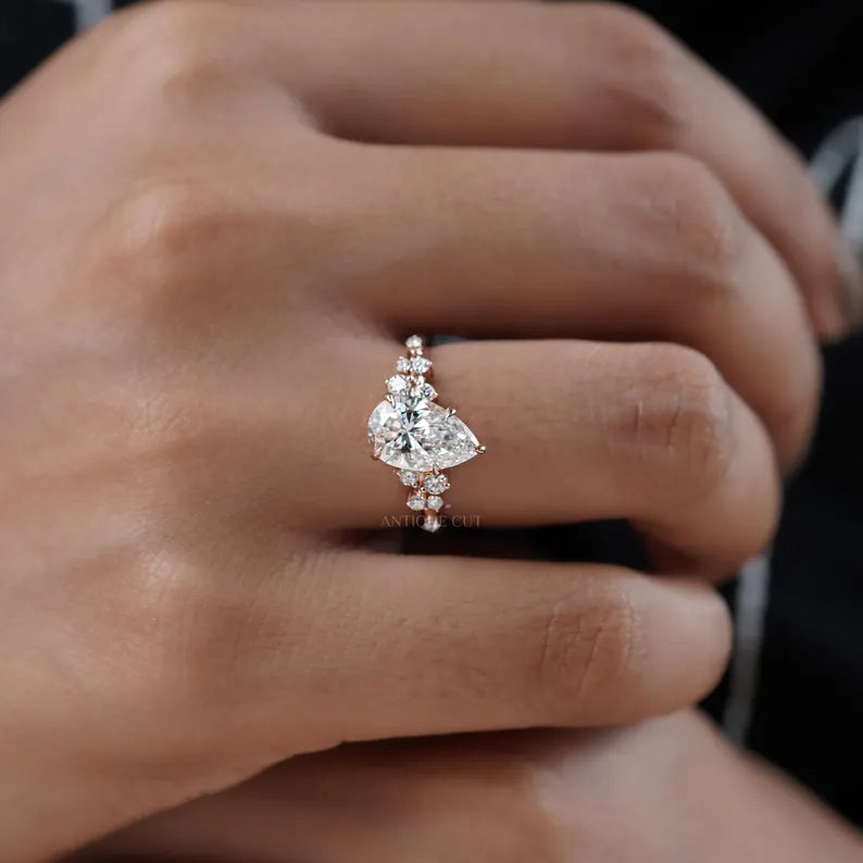 Pear Cut 2.30tcw Lab Diamond Engagement Ring | Rose Gold Cluster Side Stones IGI Certified