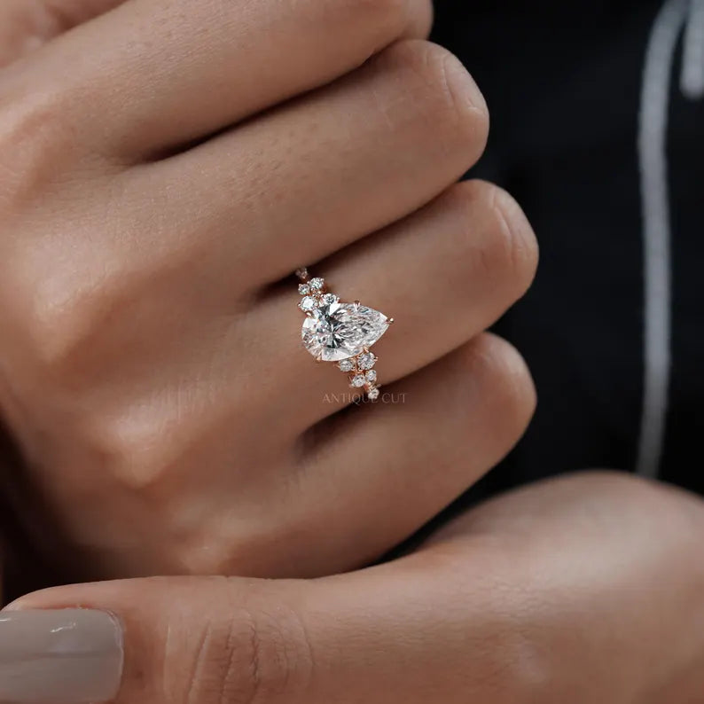Pear Cut 2.30tcw Lab Diamond Engagement Ring | Rose Gold Cluster Side Stones IGI Certified