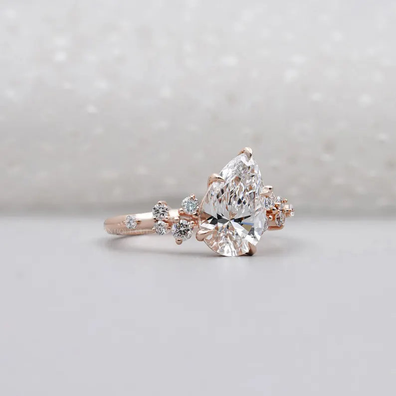 Pear Cut 2.30tcw Lab Diamond Engagement Ring | Rose Gold Cluster Side Stones IGI Certified