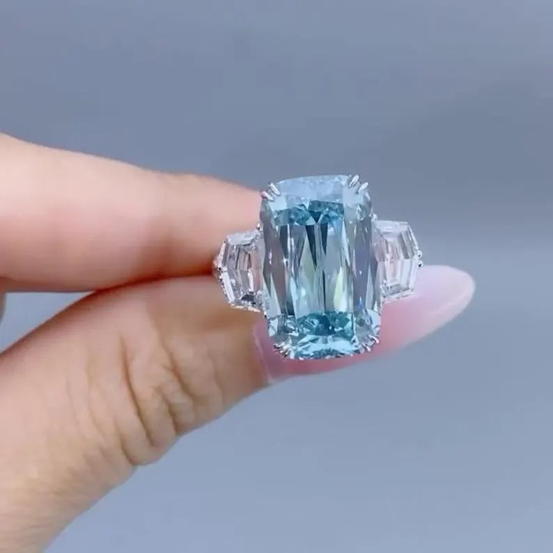 Fancy Blue Emerald 6.50tcw Lab Grown Diamond Three Stone Ring | IGI Certified VVS–VS