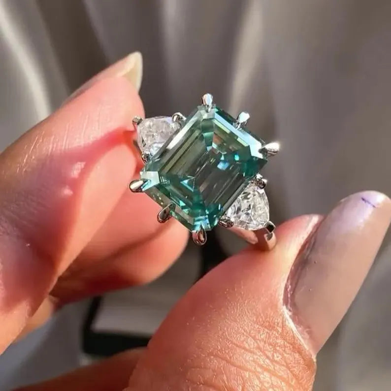Fancy Blue Emerald 9.50ct + Trillion 2.50ctLab Grown Diamond Three Stone Engagement Ring | IGI Certified