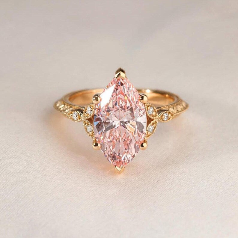 Fancy Pink Marquise 3.10tcw Lab Grown Diamond Vintage Engagement Ring | IGI Certified