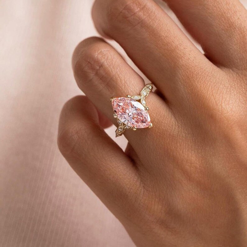 Fancy Pink Marquise 3.10tcw Lab Grown Diamond Vintage Engagement Ring | IGI Certified