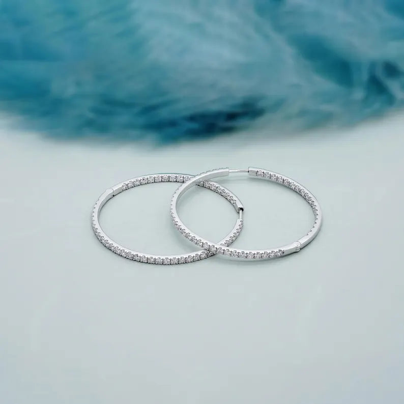 2.50tcw Diamond Hoop Earrings | Large 14K Gold Inside Outside Hoops | Sparkling Round Diamond Hoops | Gift for Her
