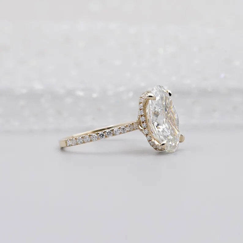 Oval Diamond Engagement Ring 5ct Center + 0.70ct Side Stones | Hidden Halo 14K Gold Setting