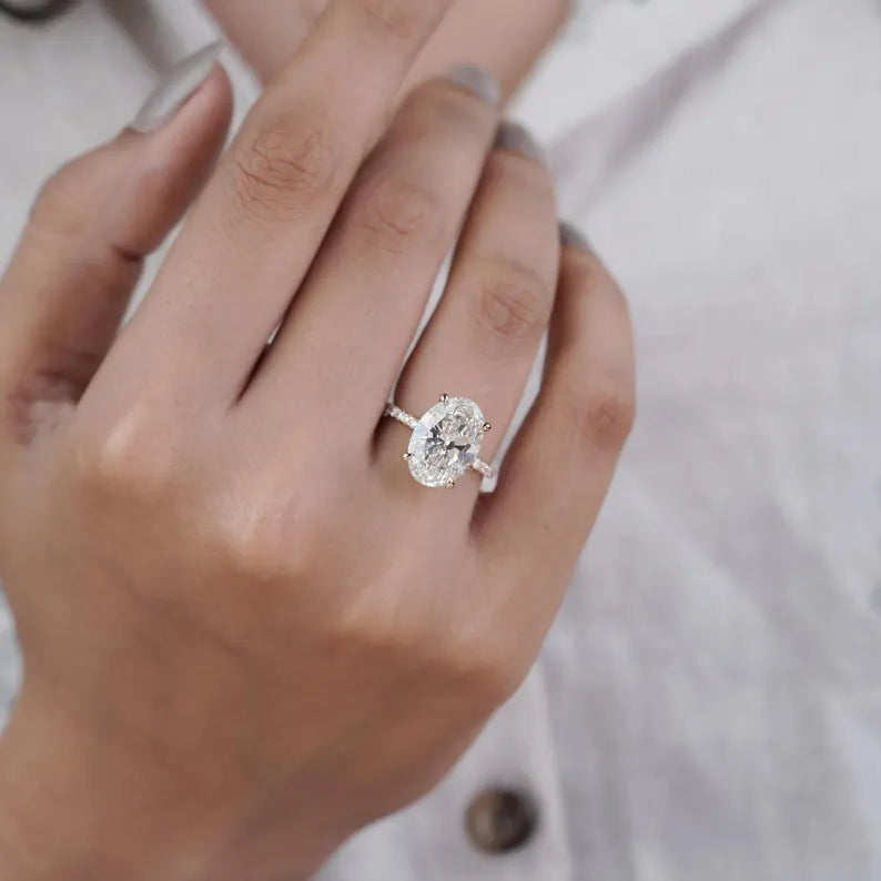 Oval Diamond Engagement Ring 5ct Center + 0.70ct Side Stones | Hidden Halo 14K Gold Setting