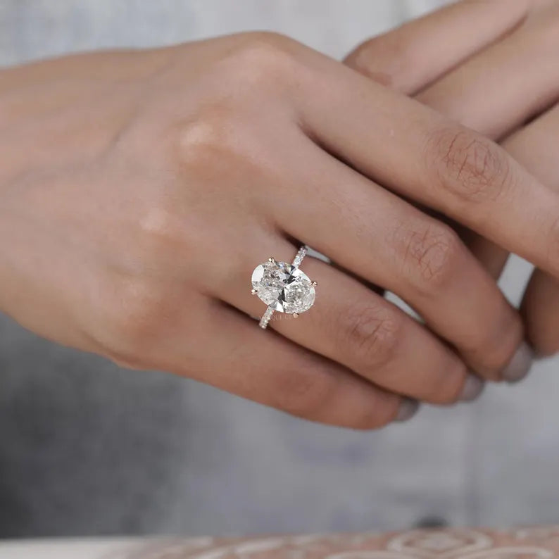 Oval Diamond Engagement Ring 5ct Center + 0.70ct Side Stones | Hidden Halo 14K Gold Setting