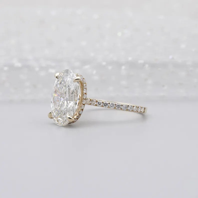 Oval Diamond Engagement Ring 5ct Center + 0.70ct Side Stones | Hidden Halo 14K Gold Setting