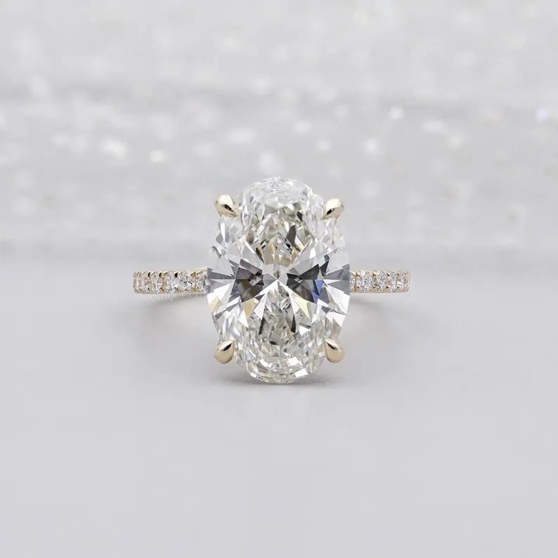Oval Diamond Engagement Ring 5ct Center + 0.70ct Side Stones | Hidden Halo 14K Gold Setting