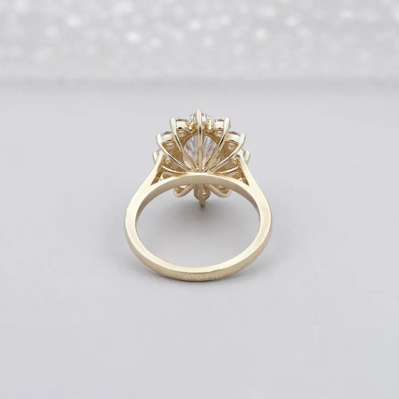 Oval Cluster Halo Engagement Ring | 2.50ct Center + 1.00ct Side Diamonds | Floral Oval Diamond Ring | Gold Engagement Ring