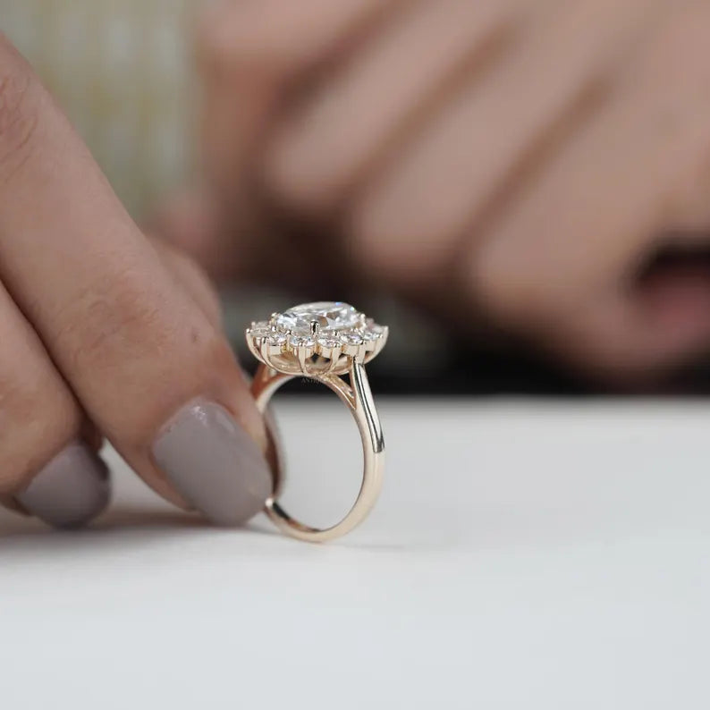 Oval Cluster Halo Engagement Ring | 2.50ct Center + 1.00ct Side Diamonds | Floral Oval Diamond Ring | Gold Engagement Ring