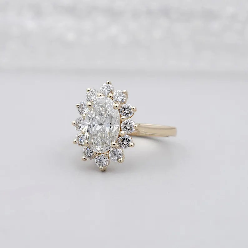 Oval Cluster Halo Engagement Ring | 2.50ct Center + 1.00ct Side Diamonds | Floral Oval Diamond Ring | Gold Engagement Ring
