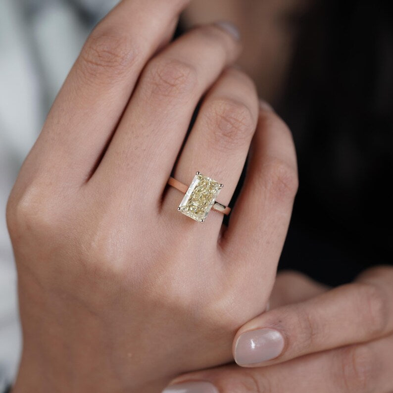 4.50ct Yellow Radiant Cut Solitaire Engagement Ring | Fancy Yellow Diamond Ring | Gold Radiant Engagement Ring | Classic Statement Ring