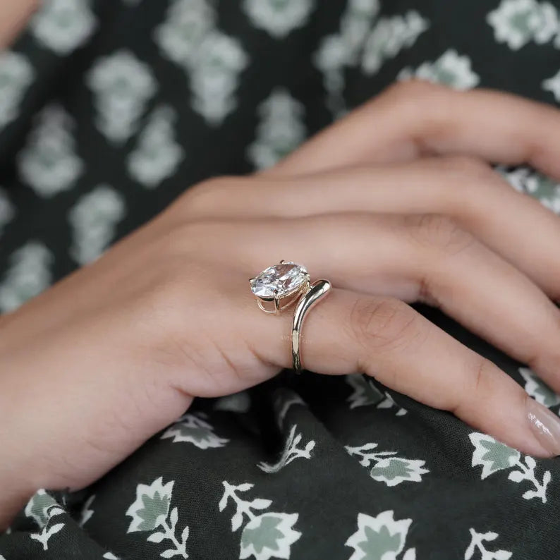 3.50ct Oval Cut Diamond Engagement Ring | Modern Bypass Setting in 14K Yellow Gold | Unique Solitaire Ring | Antique Cut Fine Jewelry