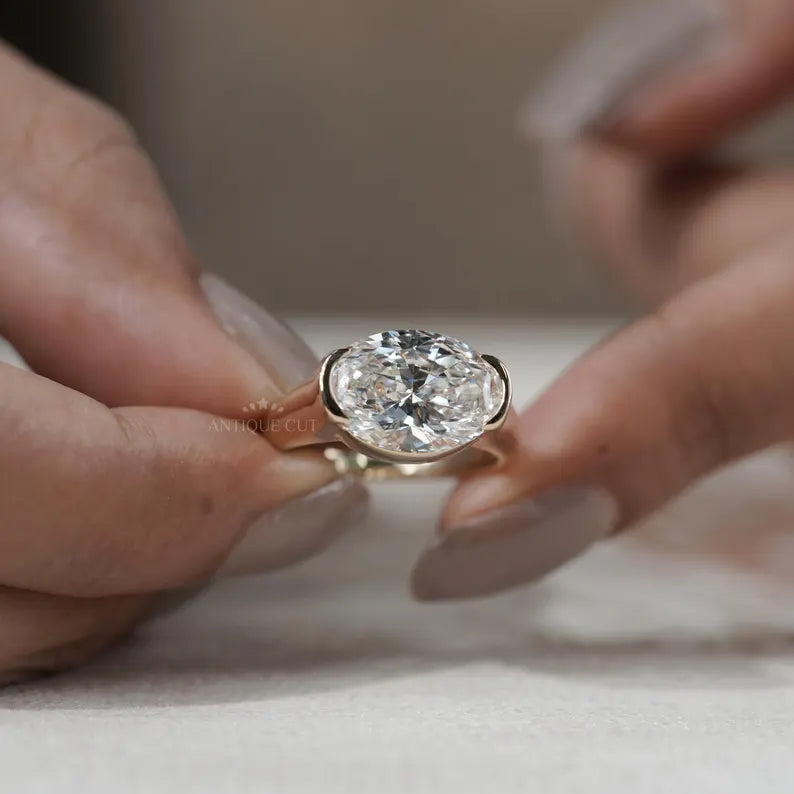 5.00ct Oval Diamond Engagement Ring | 14K Yellow Gold Bezel Set | Oval Cut Diamond Ring | Modern Solitaire Engagement Ring