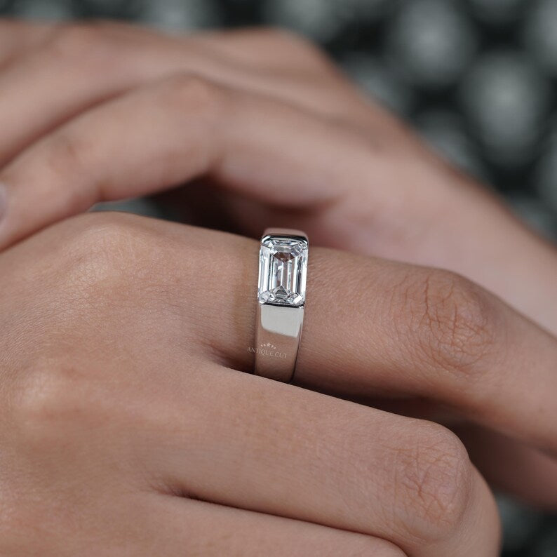 2.00ct Emerald Cut Diamond Ring | East West Solitaire | 14K White Gold | Modern Engagement Ring | Minimalist Statement Ring