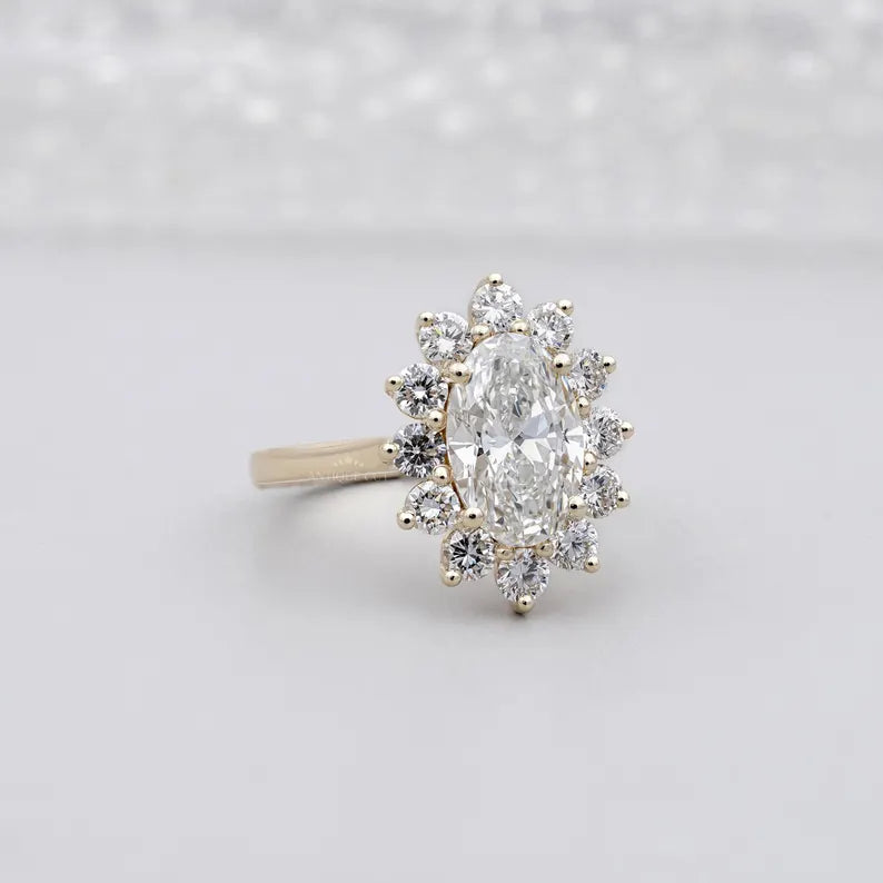 Oval Cluster Halo Engagement Ring | 2.50ct Center + 1.00ct Side Diamonds | Floral Oval Diamond Ring | Gold Engagement Ring