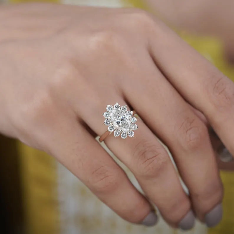 Oval Cluster Halo Engagement Ring | 2.50ct Center + 1.00ct Side Diamonds | Floral Oval Diamond Ring | Gold Engagement Ring