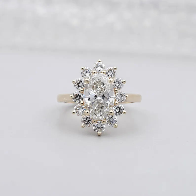 Oval Cluster Halo Engagement Ring | 2.50ct Center + 1.00ct Side Diamonds | Floral Oval Diamond Ring | Gold Engagement Ring