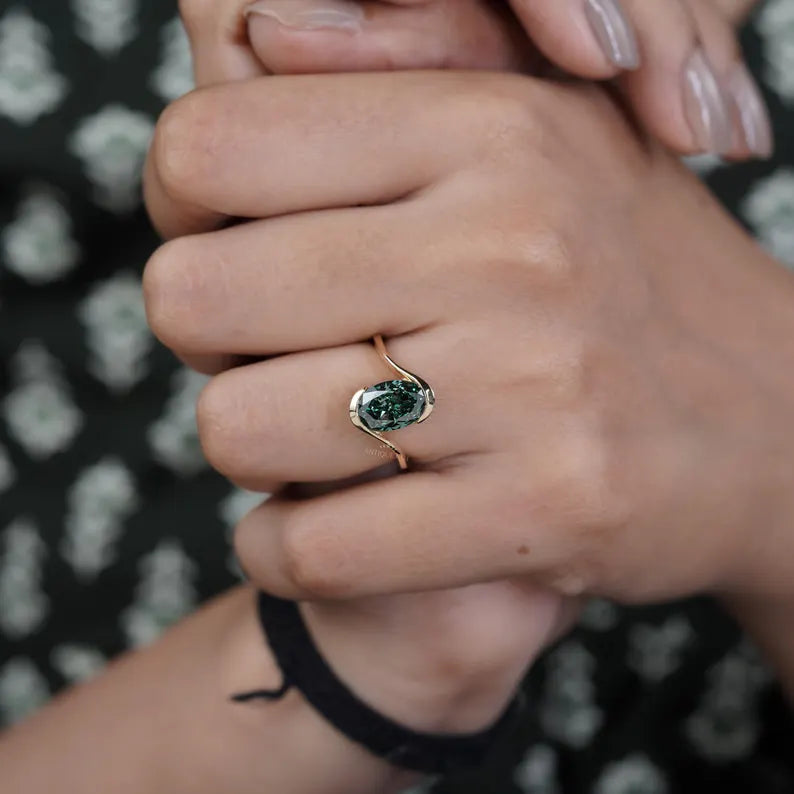 3.00ct Green Lab Grown Diamond Ring with 0.40ct Diamond Accents | Gold Wave Engagement Ring