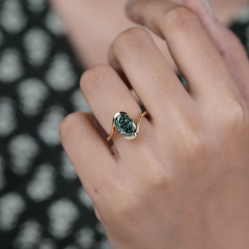 3.00ct Green Lab Grown Diamond Ring with 0.40ct Diamond Accents | Gold Wave Engagement Ring