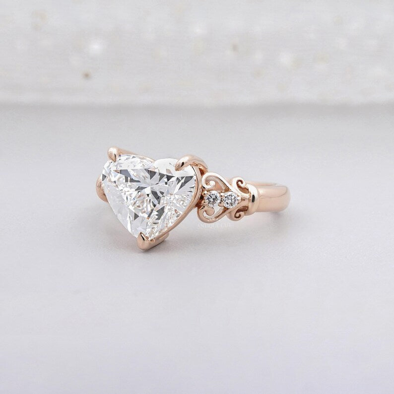 Heart Cut Engagement Ring | 3.10tcw Heart Shape Diamond | Rose Gold Romantic Engagement Ring | Vintage Inspired Solitaire Ring
