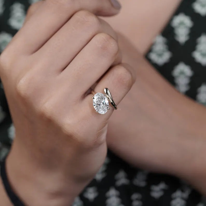 3.50ct Oval Cut Diamond Engagement Ring | Modern Bypass Setting in 14K Yellow Gold | Unique Solitaire Ring | Antique Cut Fine Jewelry