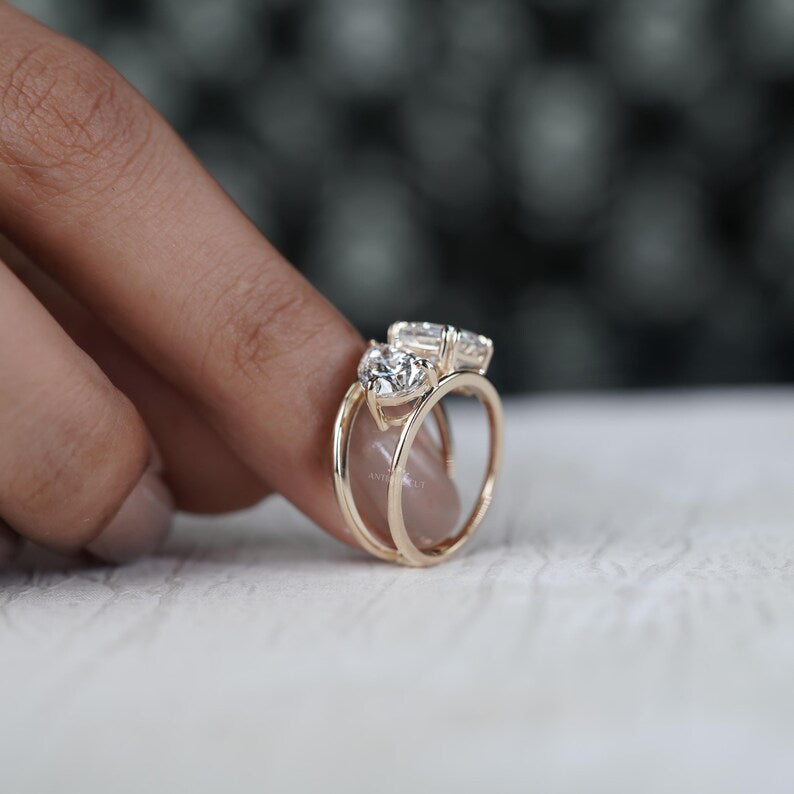 Two Stone Diamond Ring | 1.50ct Pear + 1.00ct Square Emerald Cut | Toi et Moi Engagement Ring | 14K Yellow Gold | Modern Statement Ring