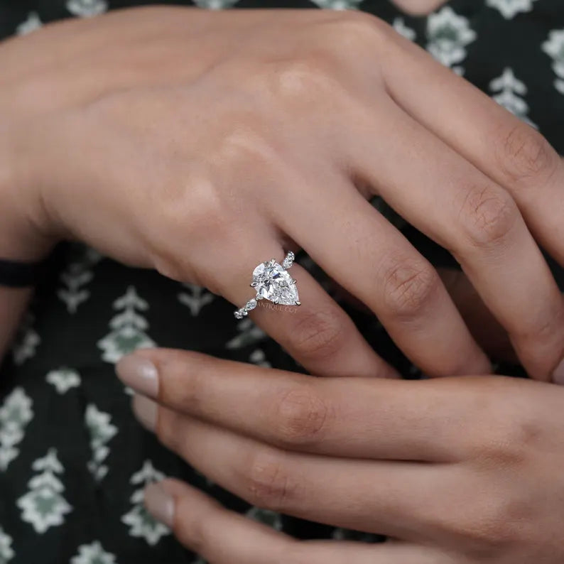 2.80ct Pear Cut Diamond Engagement Ring | 0.60ct Side Stones | 14K White Gold | Marquise Band | Antique Cut Fine Jewelry