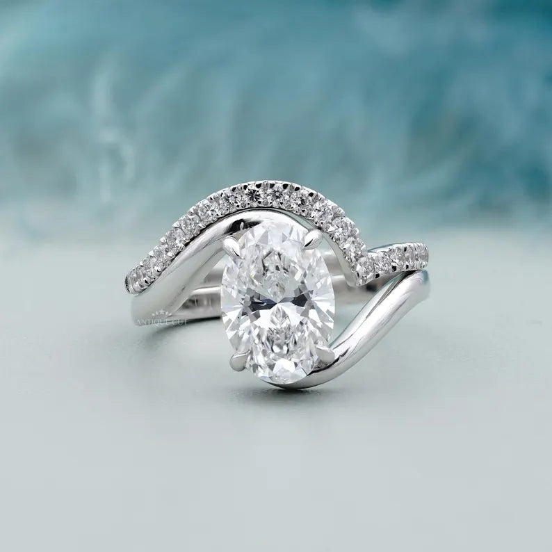 3.40TCW Oval Diamond Bypass Engagement Ring, 0.40ct Round Diamond Band, Lab Grown Diamond Ring IGI Certified D-E-F VVS-VS