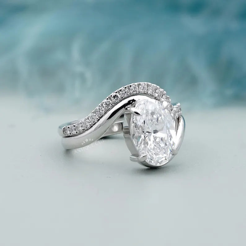 3.40TCW Oval Diamond Bypass Engagement Ring, 0.40ct Round Diamond Band, Lab Grown Diamond Ring IGI Certified D-E-F VVS-VS