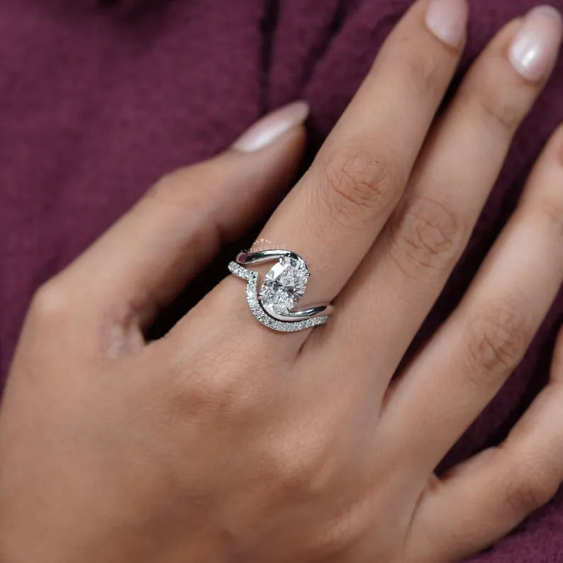 3.40TCW Oval Diamond Bypass Engagement Ring, 0.40ct Round Diamond Band, Lab Grown Diamond Ring IGI Certified D-E-F VVS-VS