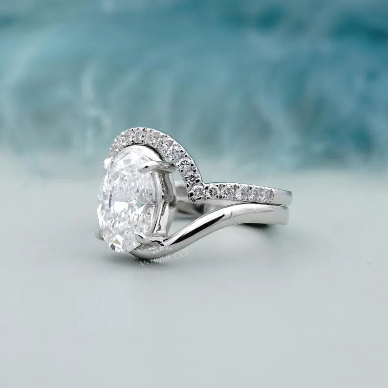 3.40TCW Oval Diamond Bypass Engagement Ring, 0.40ct Round Diamond Band, Lab Grown Diamond Ring IGI Certified D-E-F VVS-VS