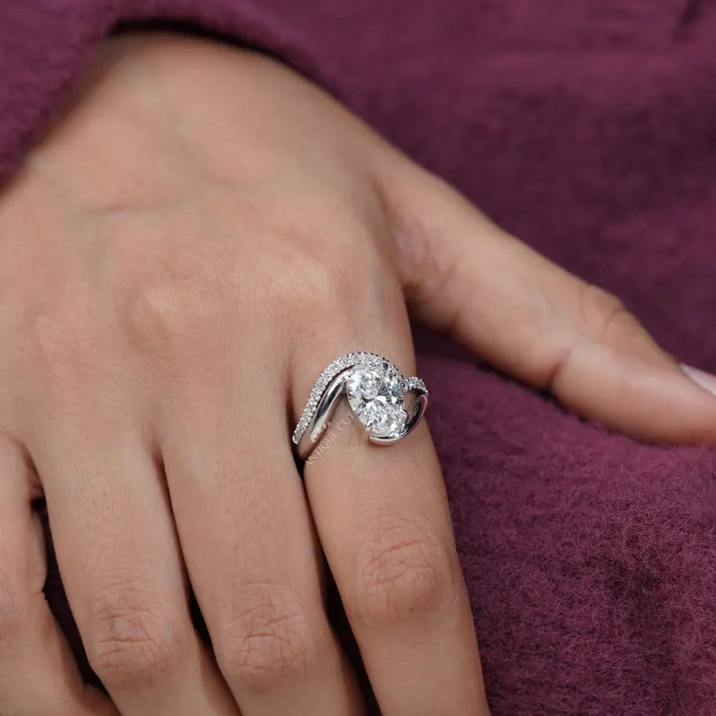 3.40TCW Oval Diamond Bypass Engagement Ring, 0.40ct Round Diamond Band, Lab Grown Diamond Ring IGI Certified D-E-F VVS-VS