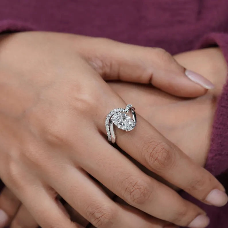 3.40TCW Oval Diamond Bypass Engagement Ring, 0.40ct Round Diamond Band, Lab Grown Diamond Ring IGI Certified D-E-F VVS-VS