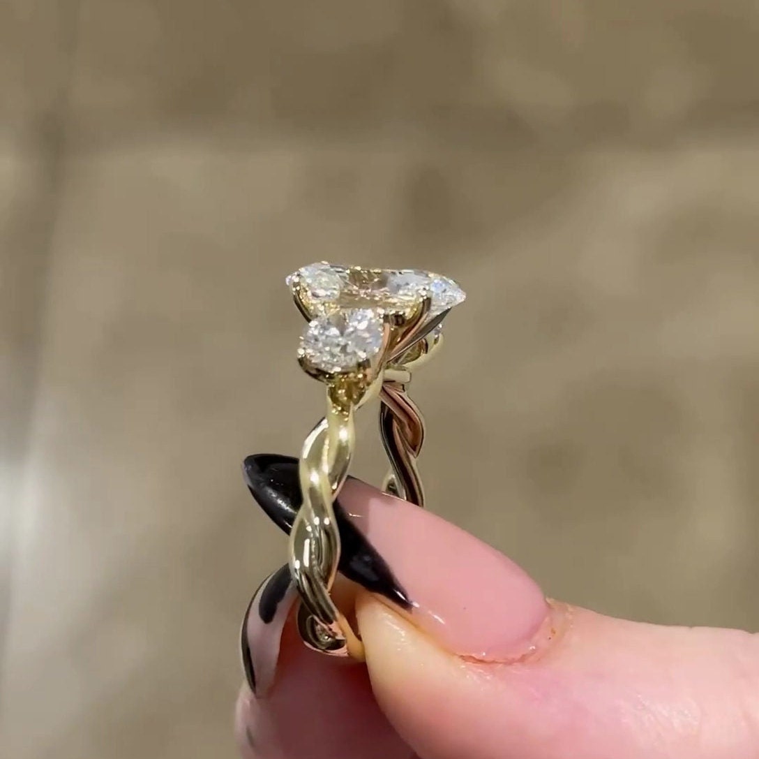 5.00tcw Oval Lab Diamond 3-Stone Engagement Ring | Twisted Band | IGI Certified | Yellow Gold