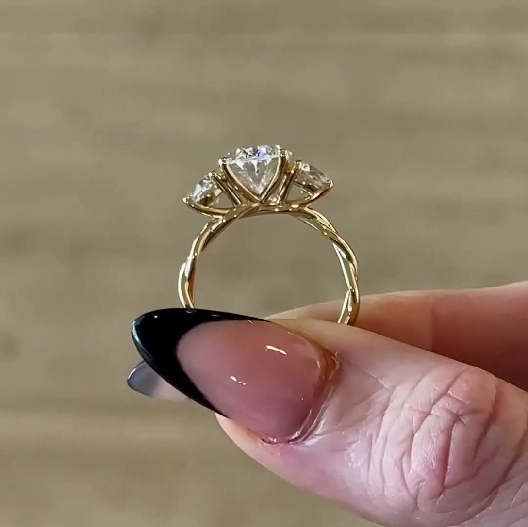 5.00tcw Oval Lab Diamond 3-Stone Engagement Ring | Twisted Band | IGI Certified | Yellow Gold