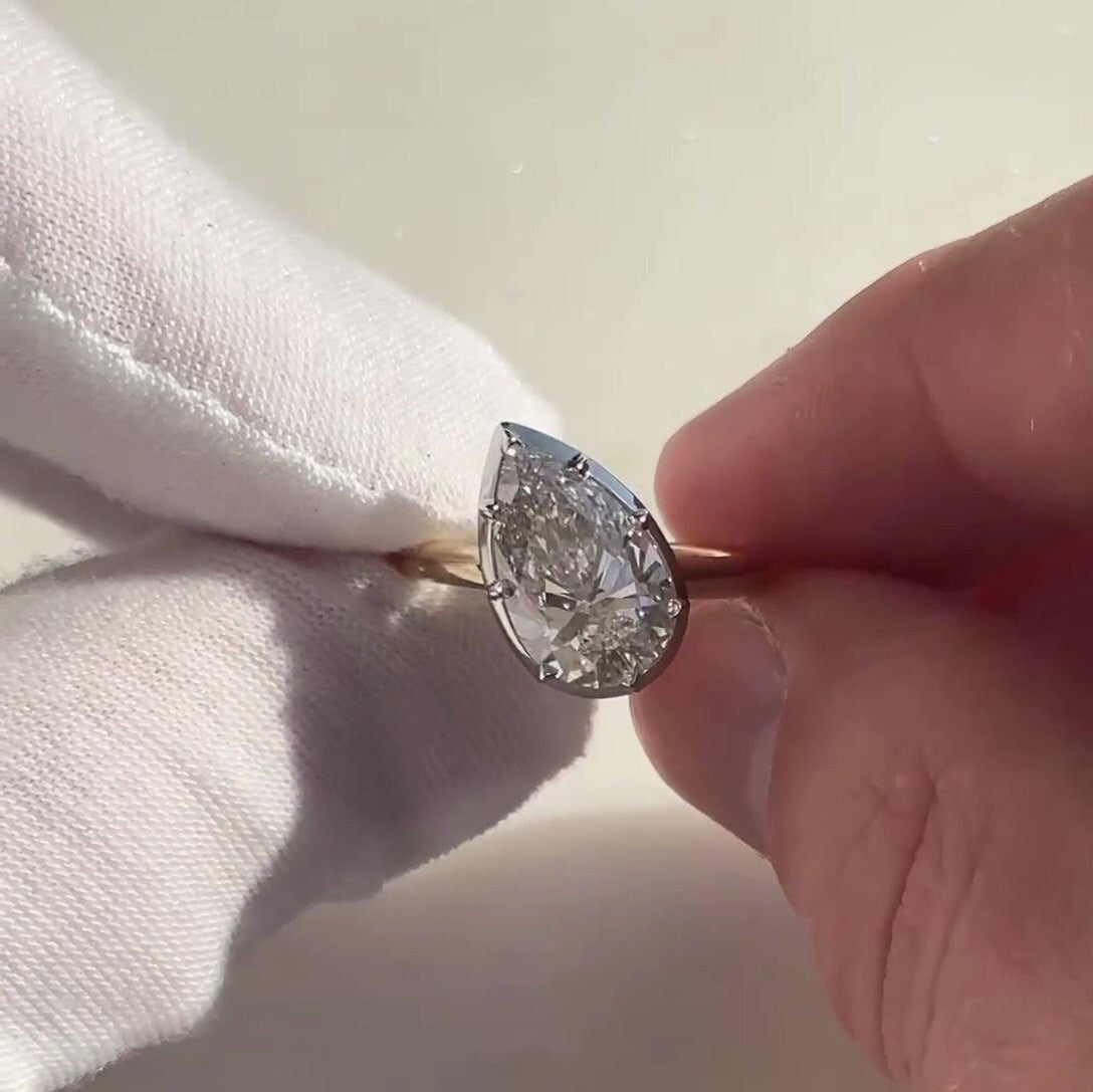 Two Tone 3.00ct Pear Lab Diamond Engagement Ring | Bezel Setting | IGI Certified