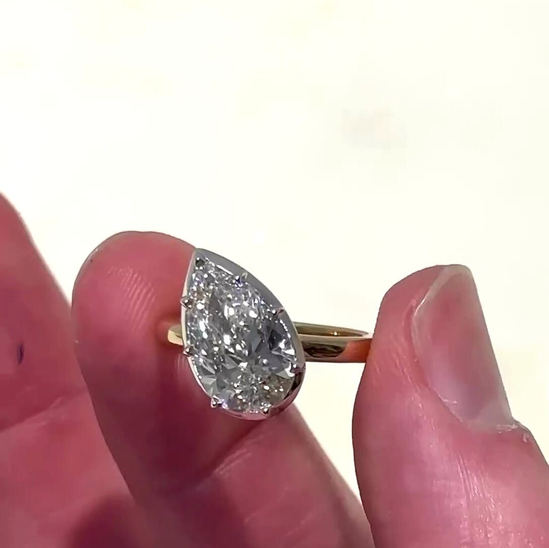 Two Tone 3.00ct Pear Lab Diamond Engagement Ring | Bezel Setting | IGI Certified