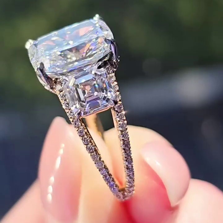 Cushion And Asscher 5.70tcw Lab Diamond Two Tone Hidden Halo Ring | IGI Certified