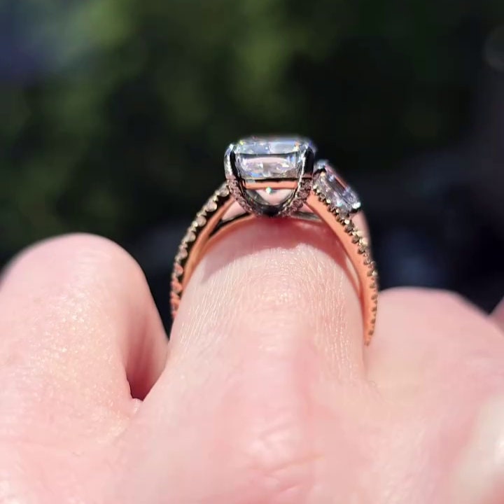 Cushion And Asscher 5.70tcw Lab Diamond Two Tone Hidden Halo Ring | IGI Certified