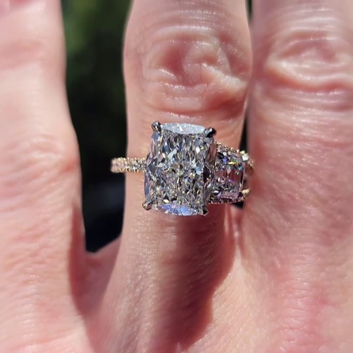 Cushion And Asscher 5.70tcw Lab Diamond Two Tone Hidden Halo Ring | IGI Certified