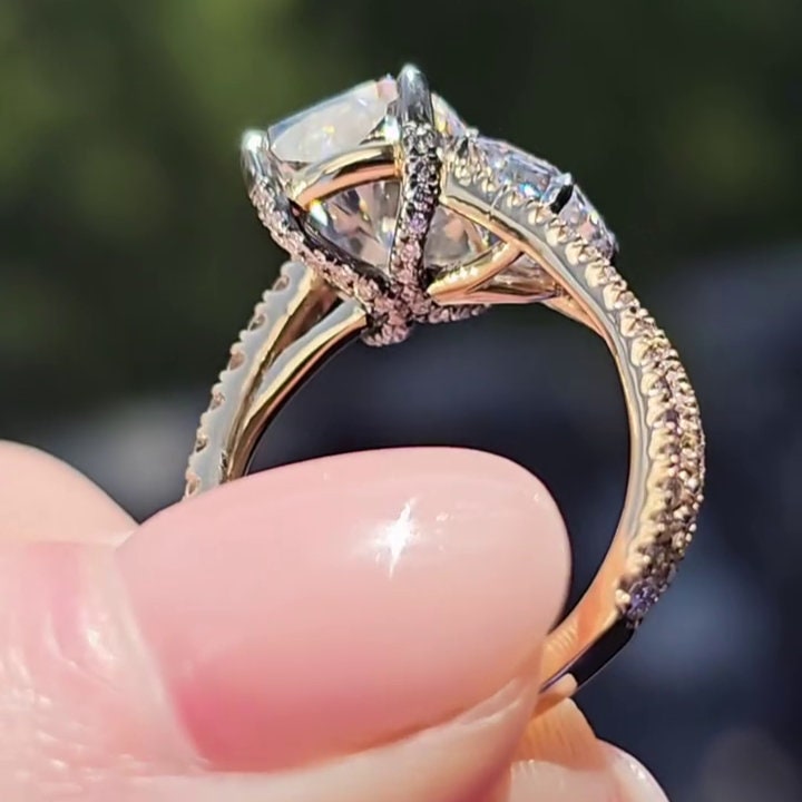 Cushion And Asscher 5.70tcw Lab Diamond Two Tone Hidden Halo Ring | IGI Certified