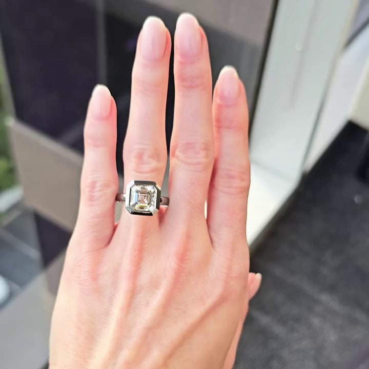 5.10ct Asscher Lab Grown Diamond Bezel Engagement Ring | Pavé Halo | IGI Certified