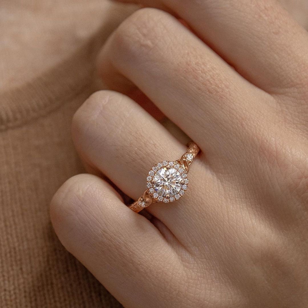 1.20ct Round Lab Grown Diamond Engagement Ring | Halo Cathedral | IGI Certified | Rose Gold | VVS–VS Clarity